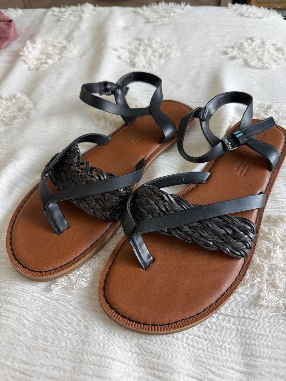 Toms Black Braided Leather Strappy Sandals with Tan Footbed